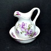 Miniature porcelain pitcher and toilet basin with violet flower decoration - Dinette Dollhouse