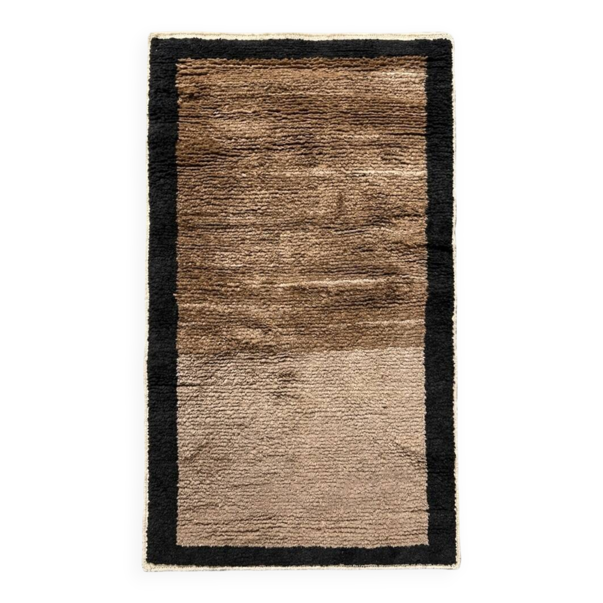 Hand-Knotted Turkish Tulu Rug. 100% Wool Minimalist Border Design. Beige, Brown & Black Colors. Custom Options Available