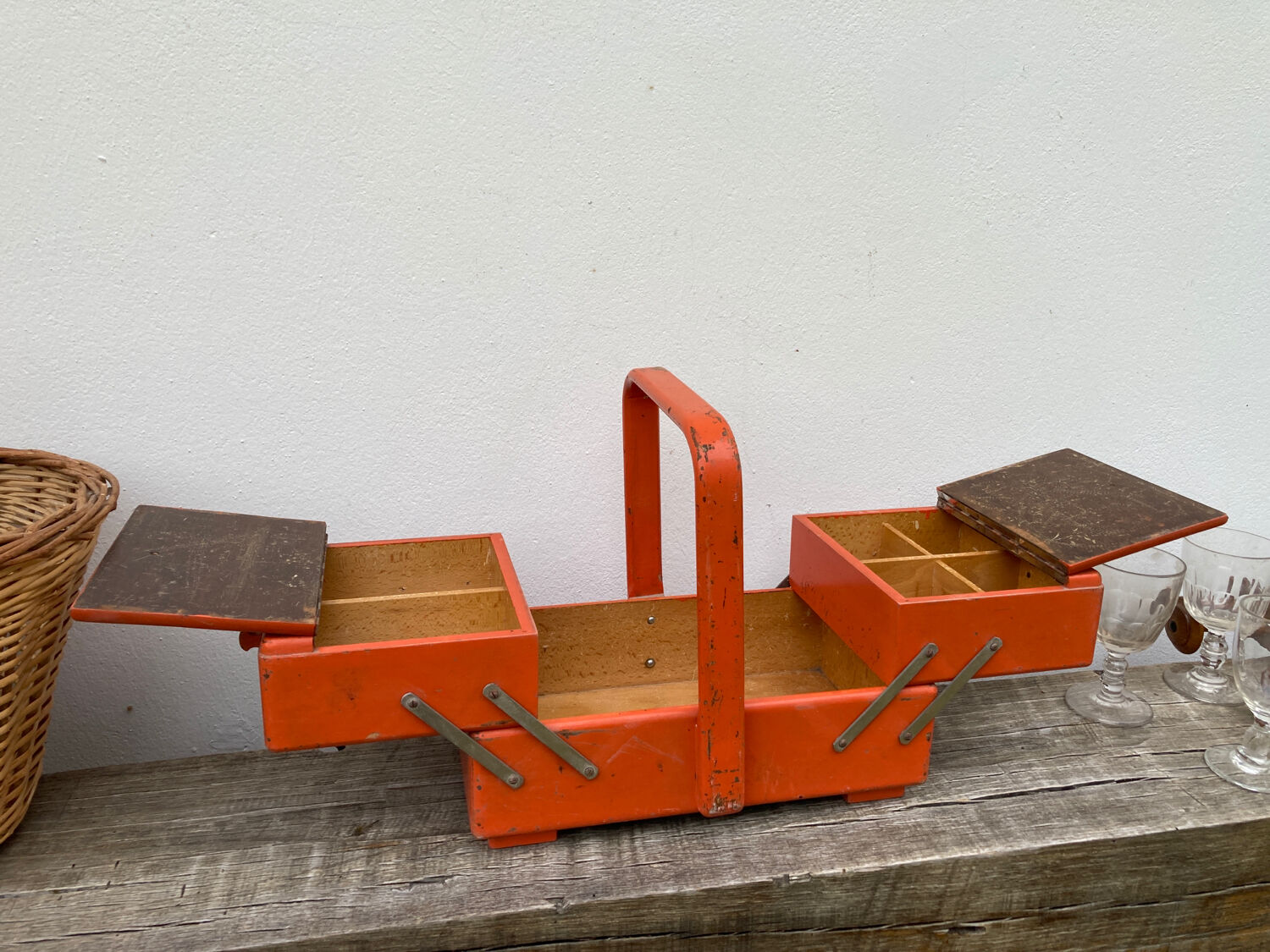 Orange wooden sewing box 1960 1970
