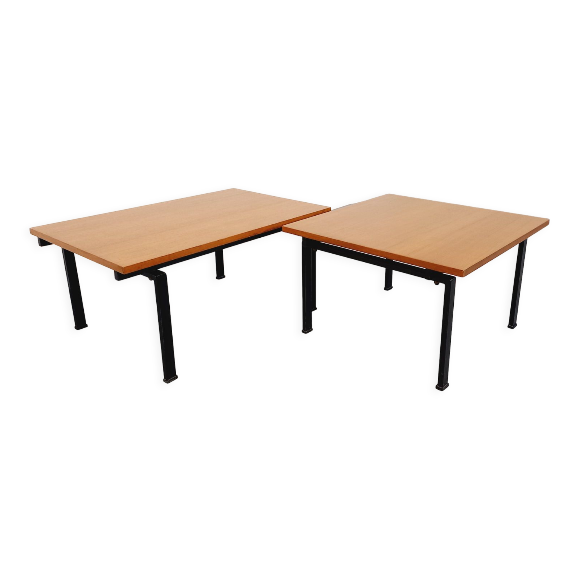 Suite of two vintage modernist Isa coffee tables in teak and black metal from the 60s