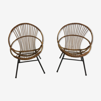 Pair of armchairs rattan rattan and metal france 60s