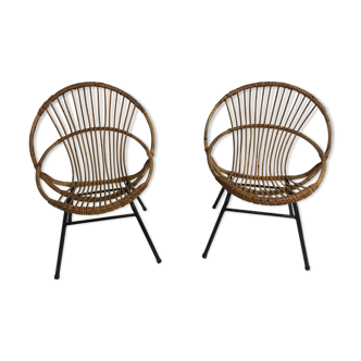 Pair of armchairs rattan rattan and metal france 60s