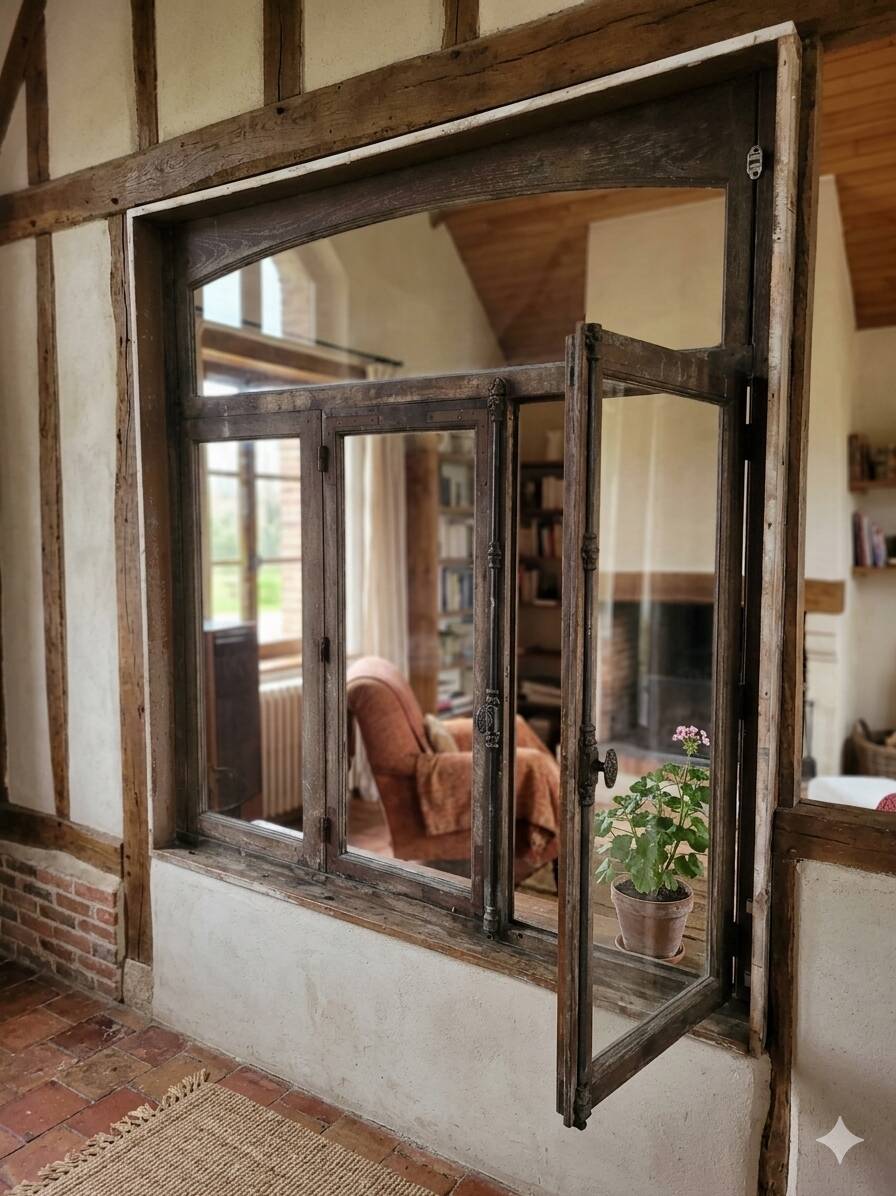Old solid oak window from the early 20th century.
