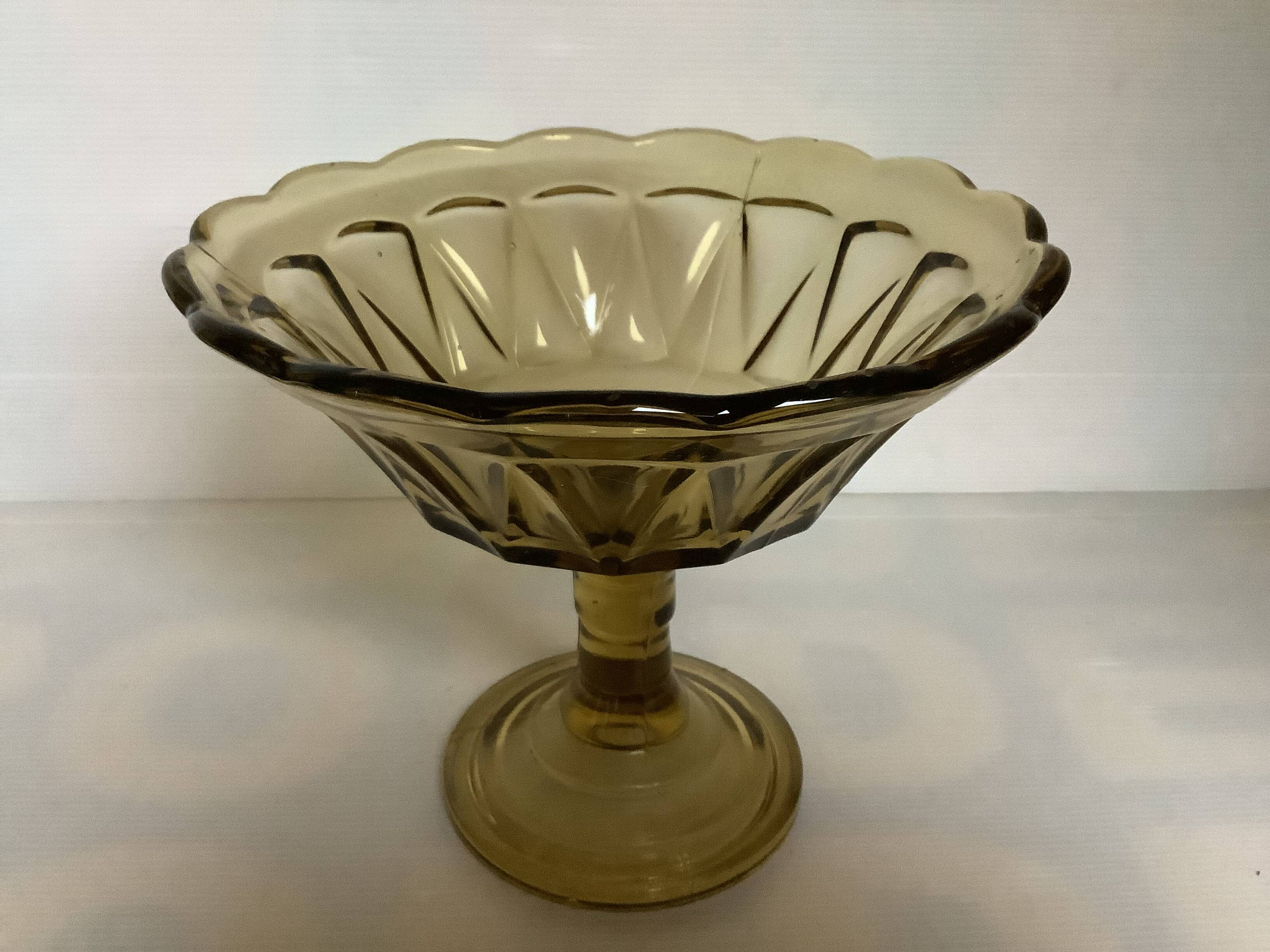 Large art deco molded glass footed bowl