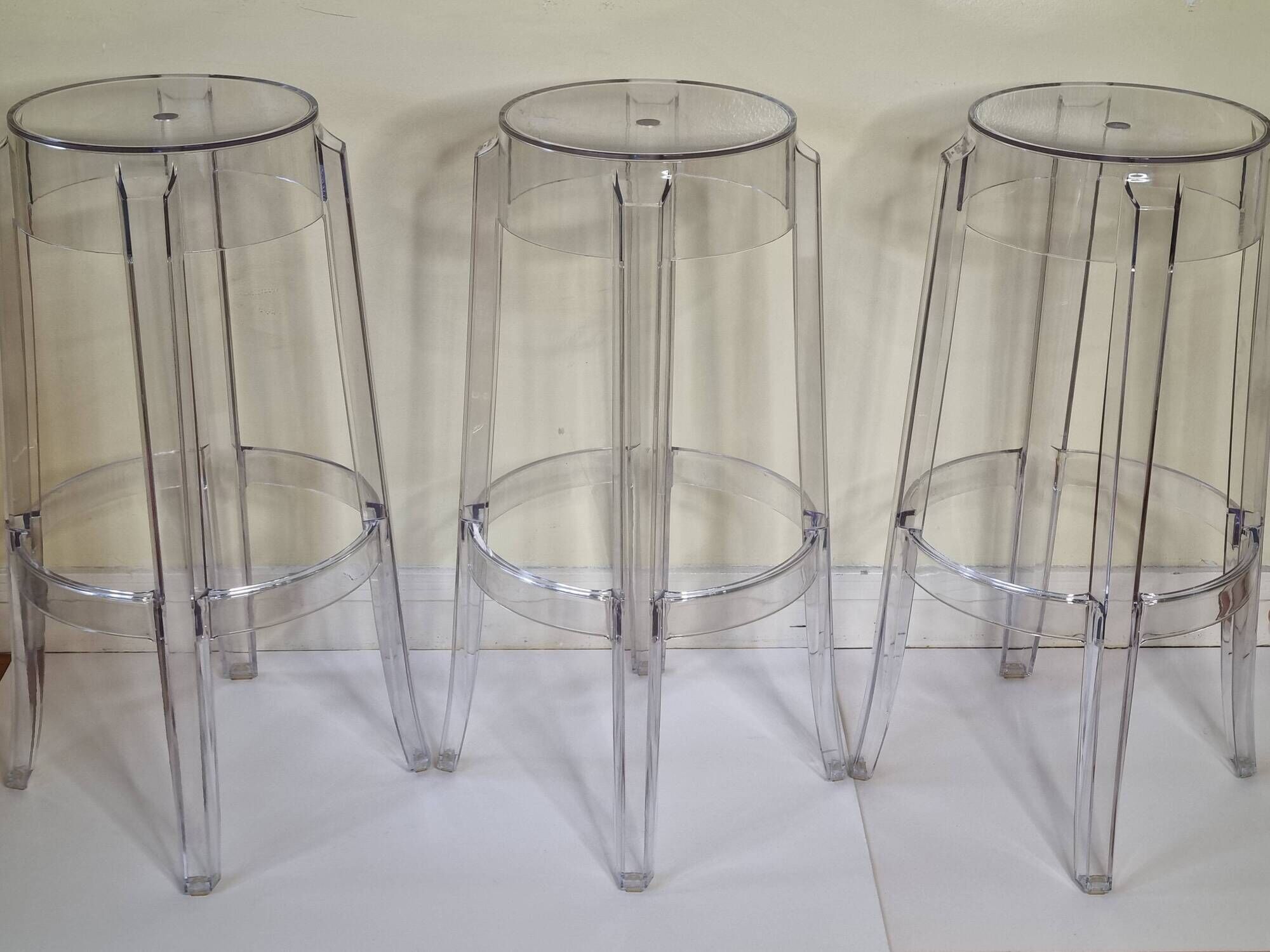 Set of 3 transparent Charles Ghost stools by Philippe Starck for Kartell, 65 cm