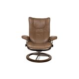Brown Stressless Leather Wing Lounge Chair with Stool, Set of 2