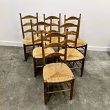Set of 6 French Elegant Oak Farmhouse Country Dining Chairs wit Rush Seatin
