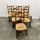 Ensemble de 6 chaises de salle à manger élégantes en chêne français avec assise en jonc