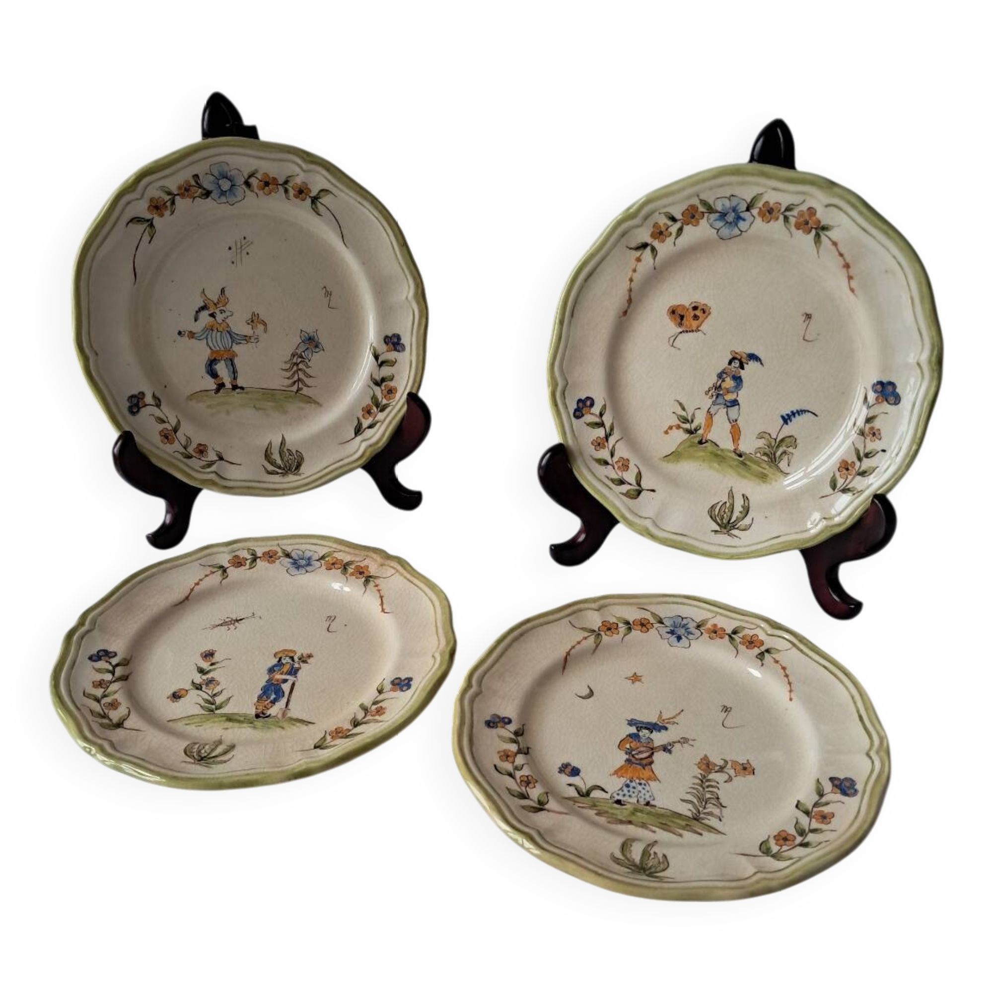 4 Moustiers Longchamp dessert plates. Hand-painted. 1986