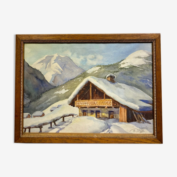 Tableau ancien, paysage de neige, signé R Michaud, daté 1943