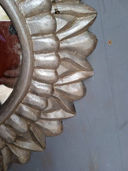 Carved wood sun mirror 40cm silver ep 1960