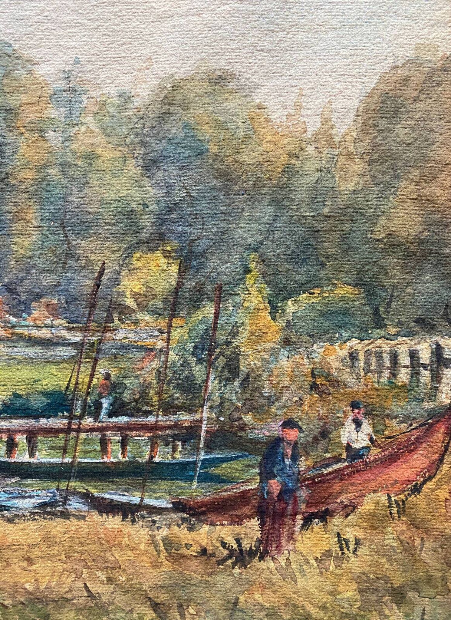 Large watercolor painting "Bords of the Yonne" with boats P. Guillon