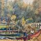 Large watercolor painting "Bords of the Yonne" with boats P. Guillon