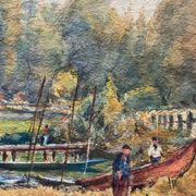 Large watercolor painting "Bords of the Yonne" with boats P. Guillon