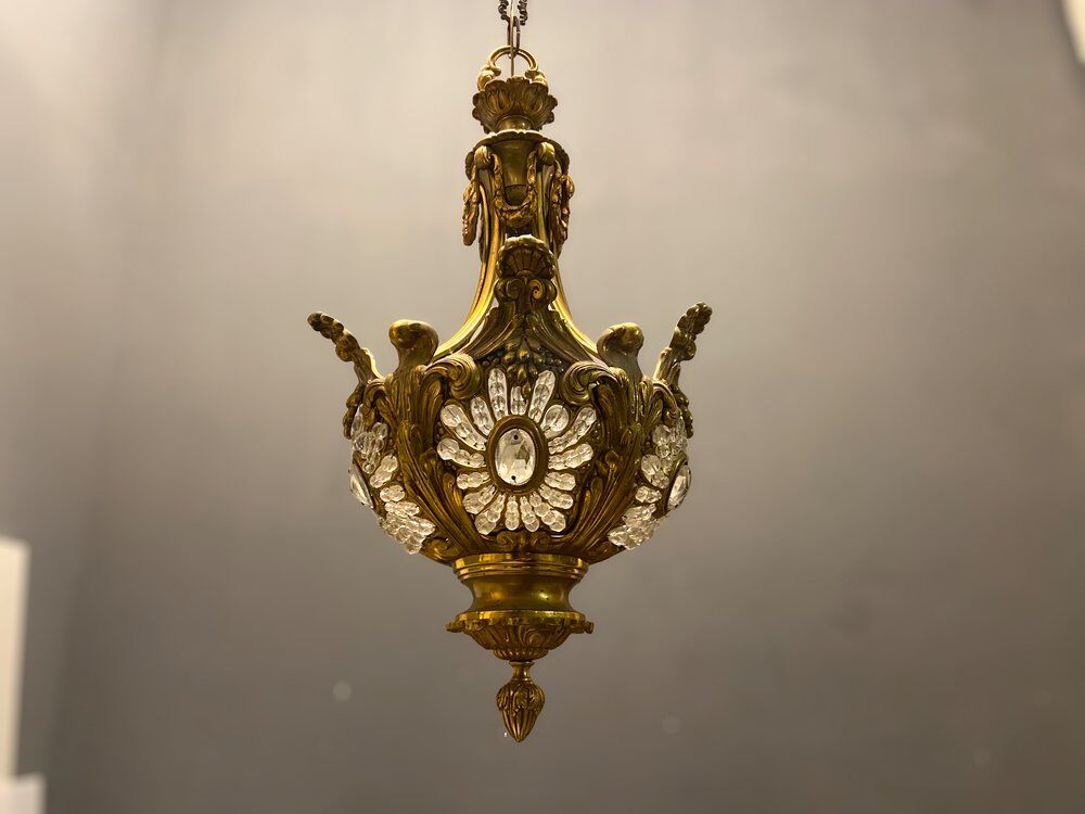 Vintage Bronze & Crystal Beaded Chandelier, 1950s