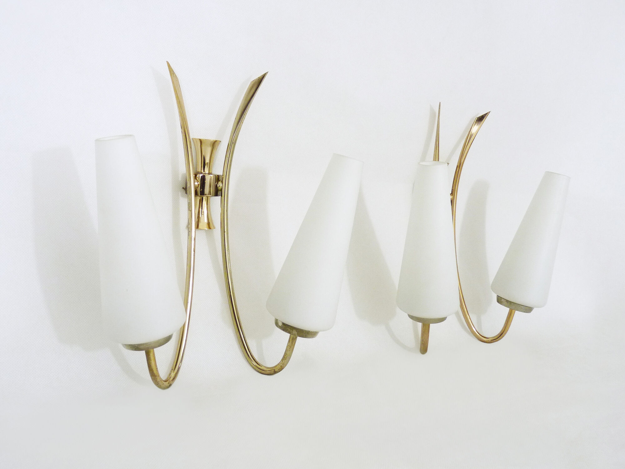 Pair of brass wall sconces and double tube in white opaline 1960