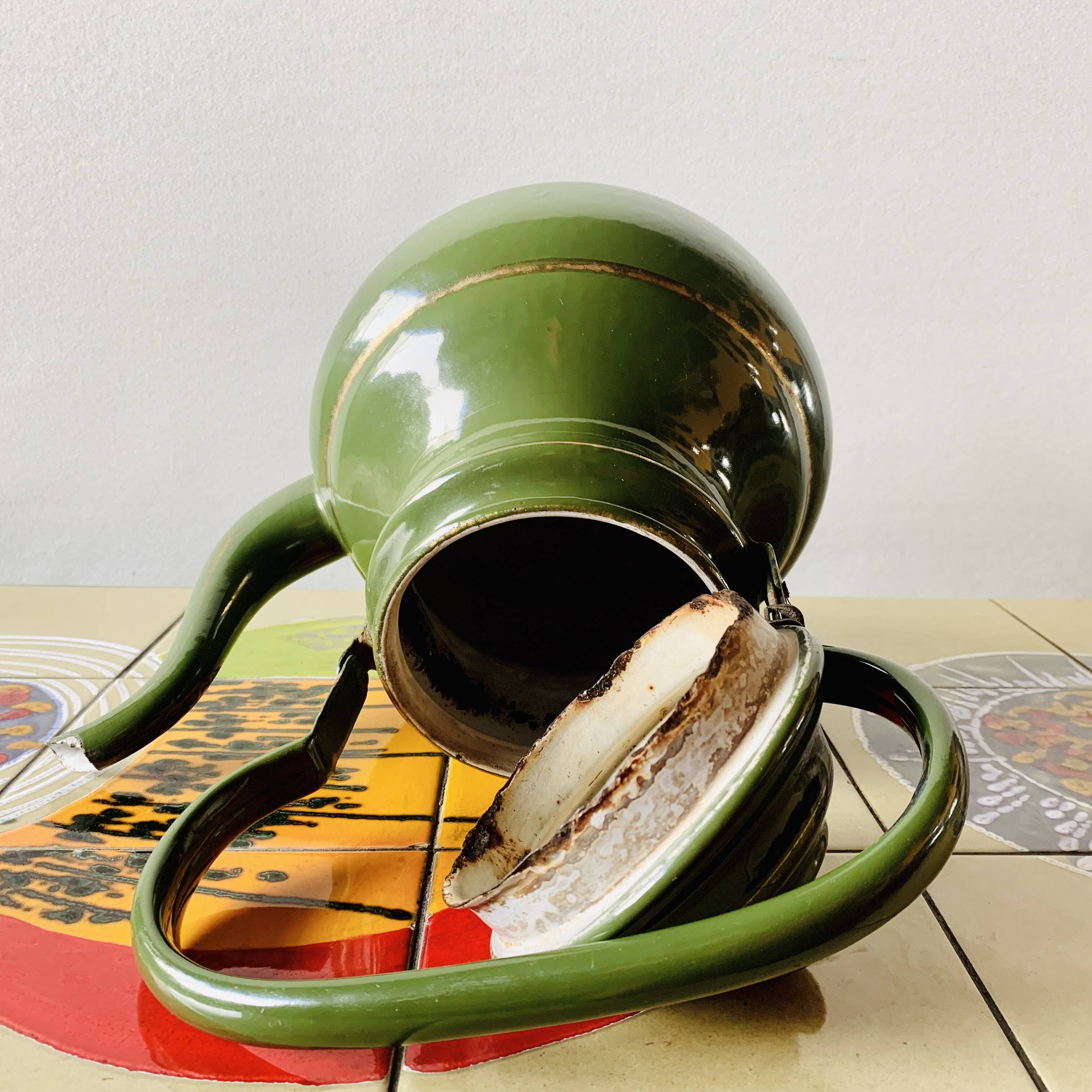 Vintage green enameled sheet metal kettle