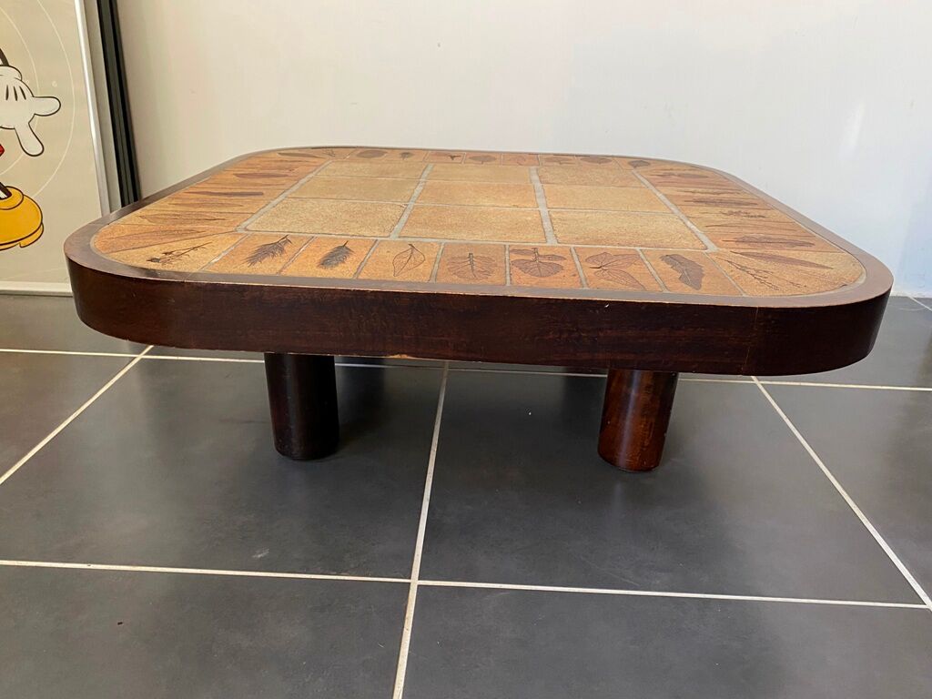 Coffee table Roger Capron ceramic herbarium and vintage wood year 1960