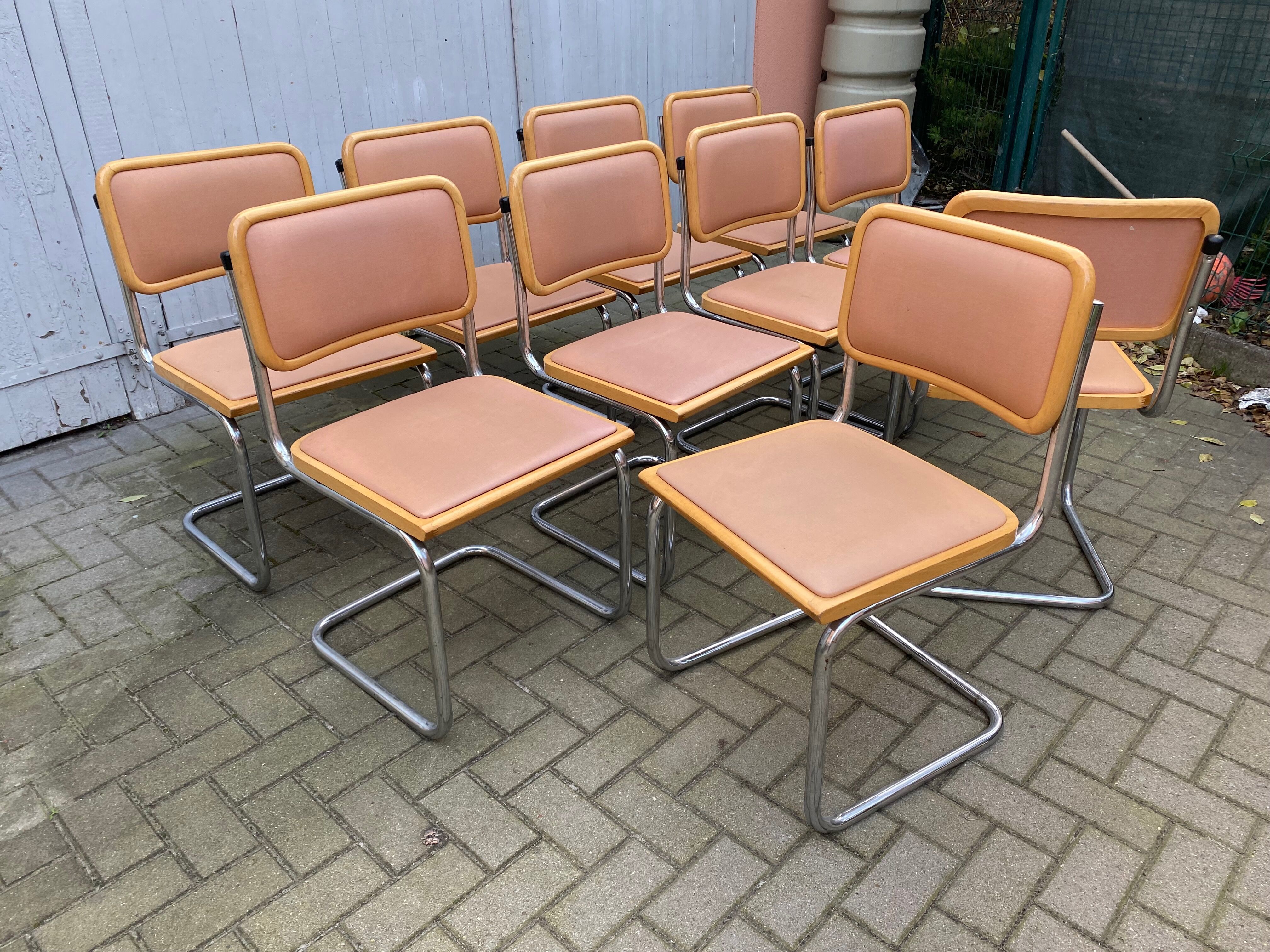 Set of 10 vintage chairs Marcel Breuer cesca b32 wood and skaï 1960