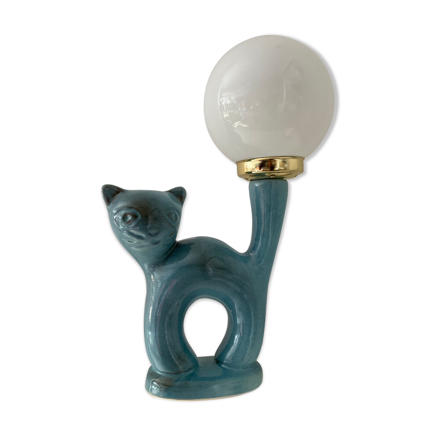 Vintage cat lamp in enamelled ceramic and opaline