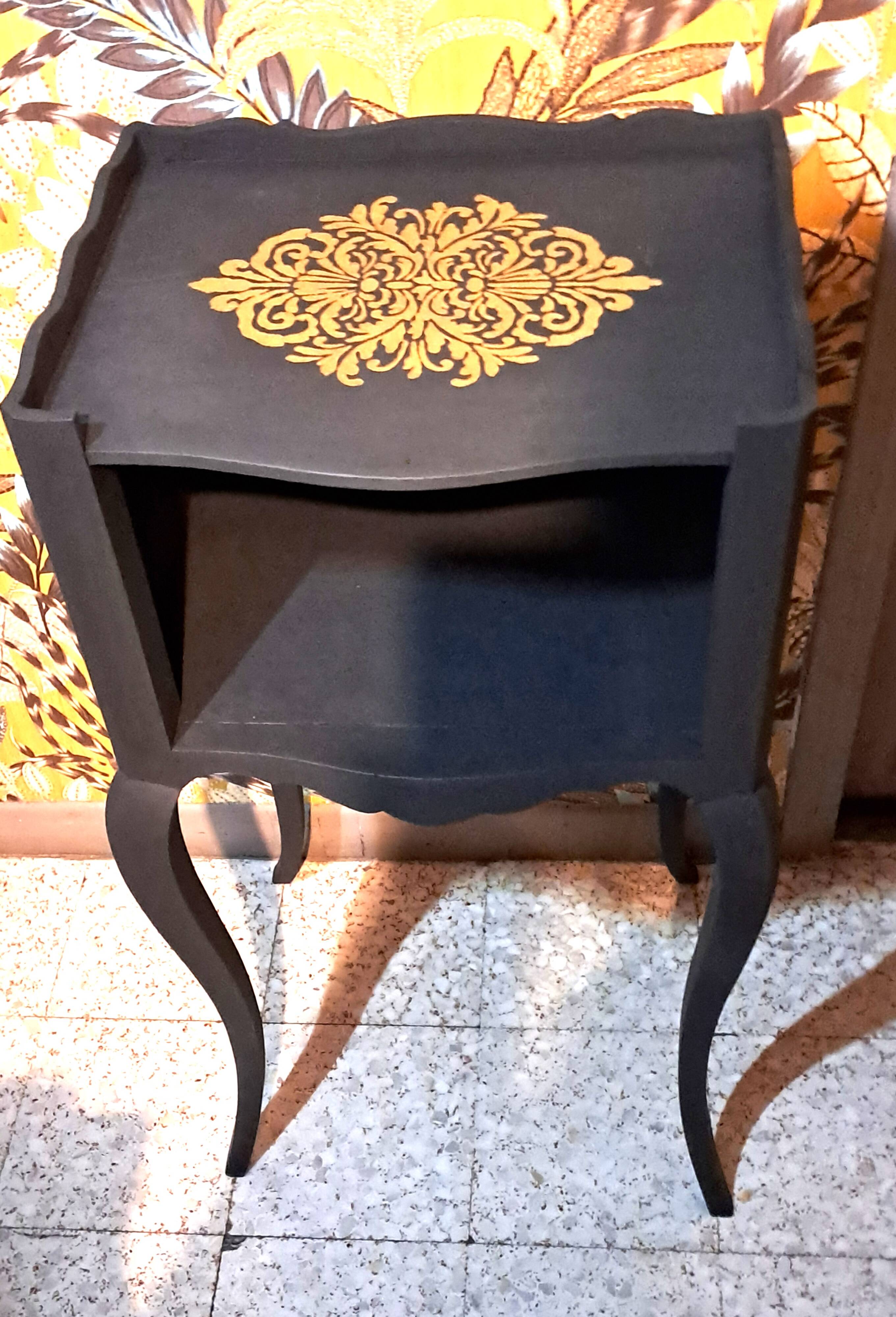 1930 bedside table, repainted wood in black with a golden rose motif.