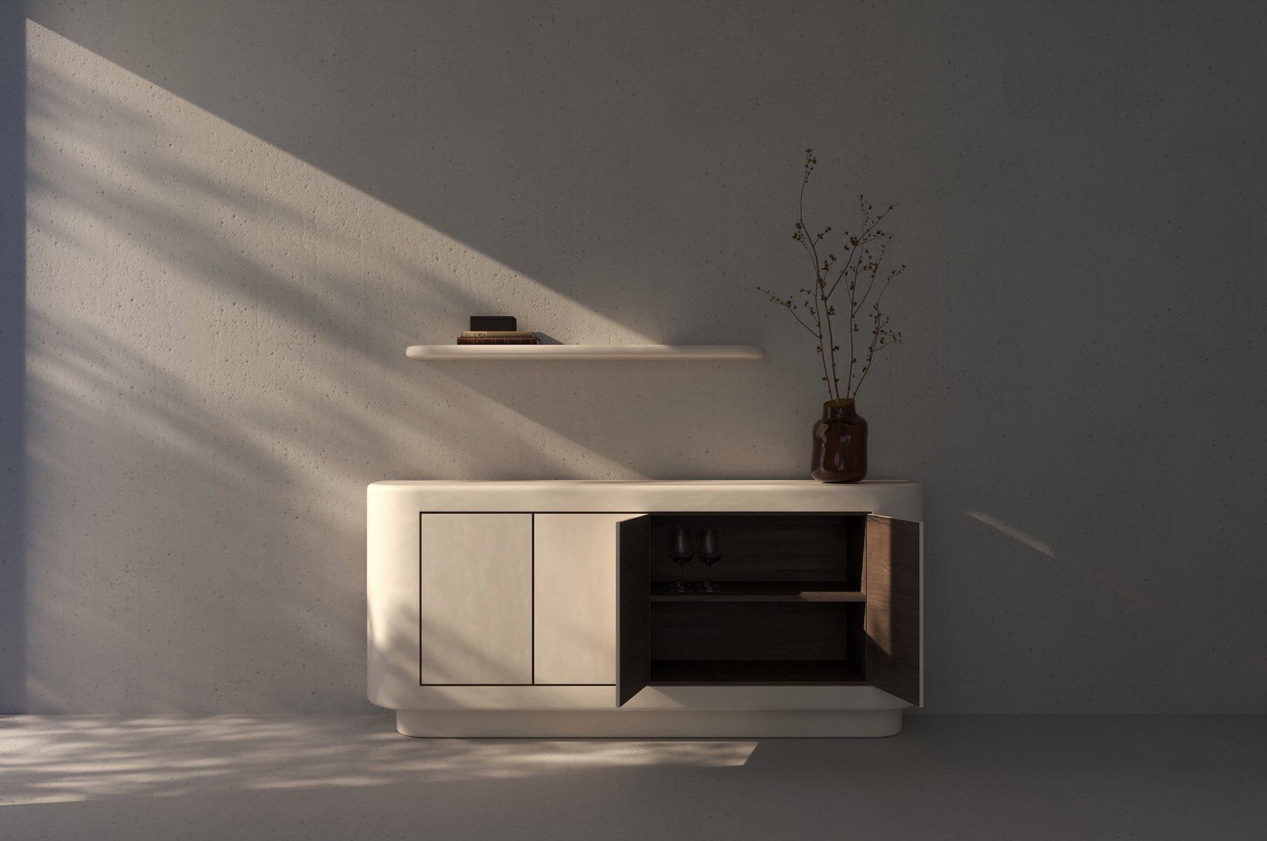 Contemporary Handmade Textured Plaster Sideboard with Walnut Interior