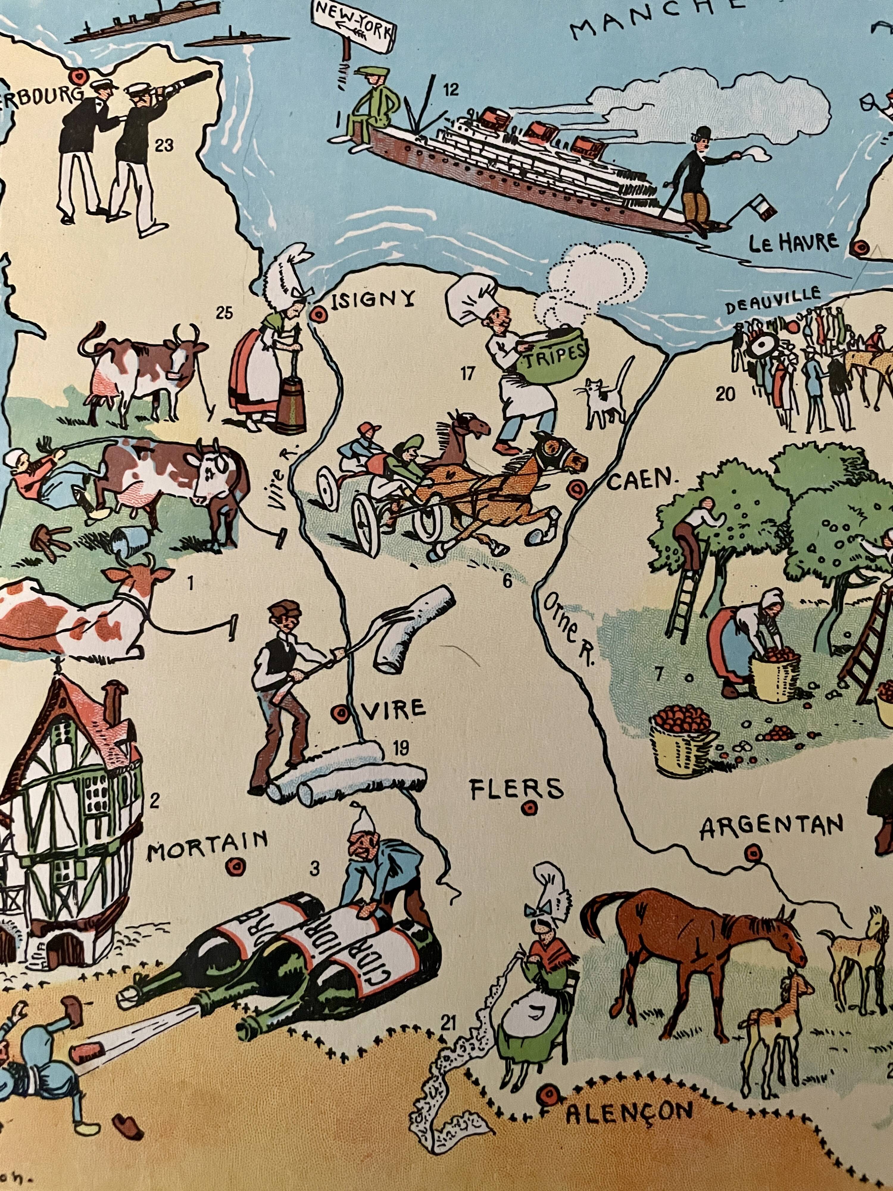 Old poster illustrated map of Normandy 1935 - JP Pinchon