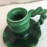Old candleholder, glazed terracotta cellar, artisanal green color