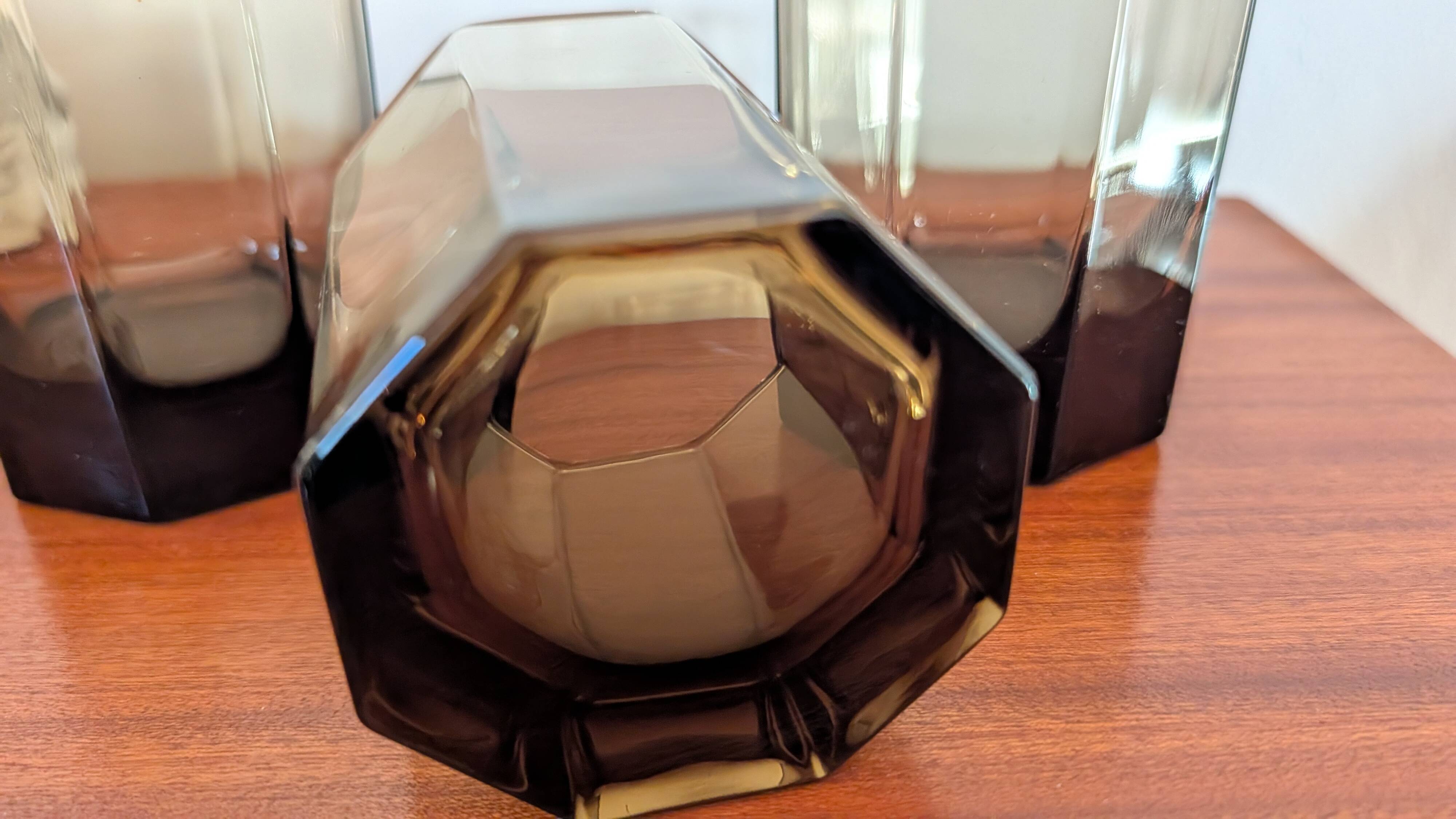 Set of three hexagonal smoked glass glasses – 1970s