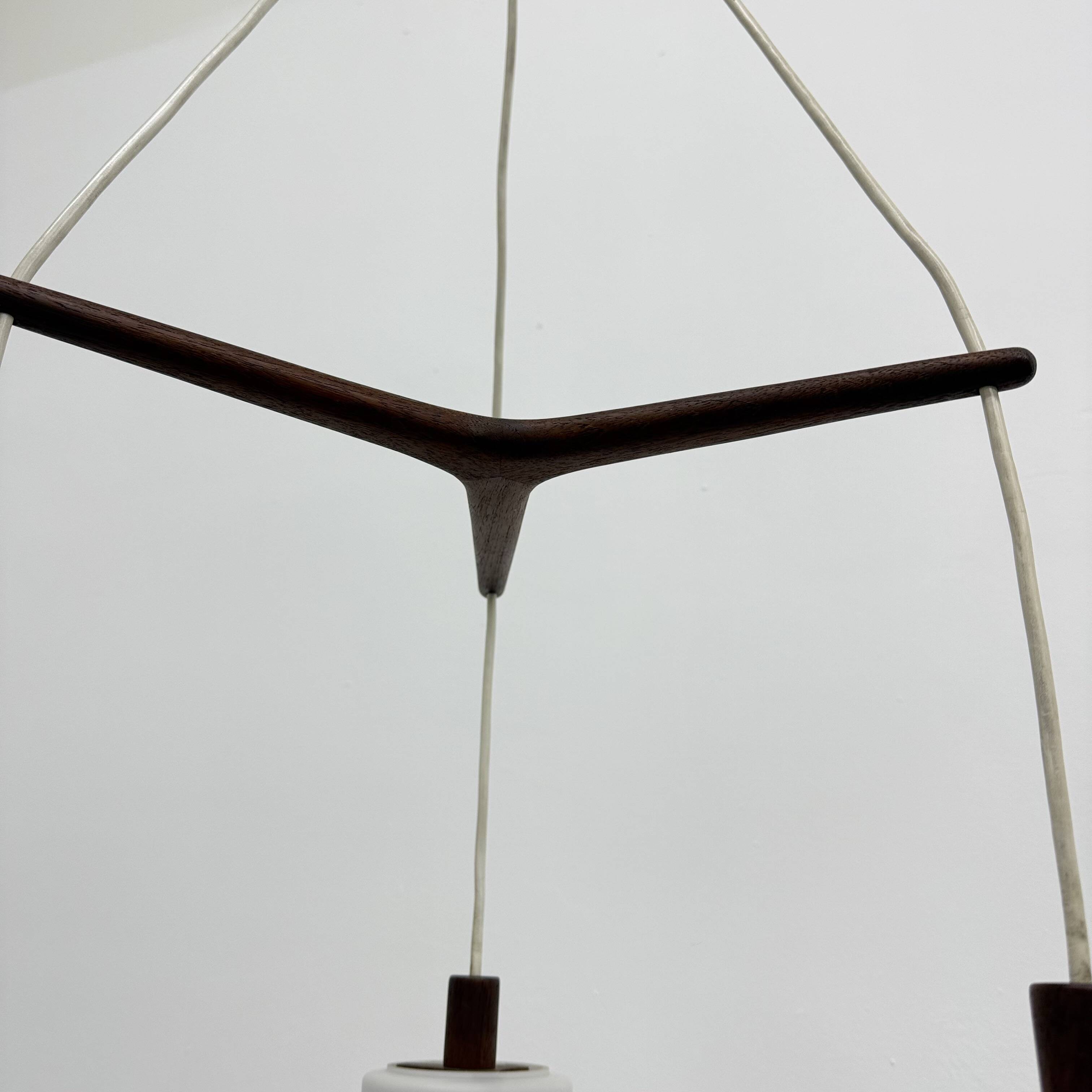 Mid-century design pendant lamp teak and opaline glass, 1970s