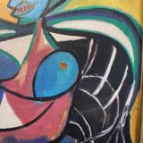 Portrait moderne du milieu du siècle, composition Bauhaus, peinture à l'huile, années 1960, encadrée
