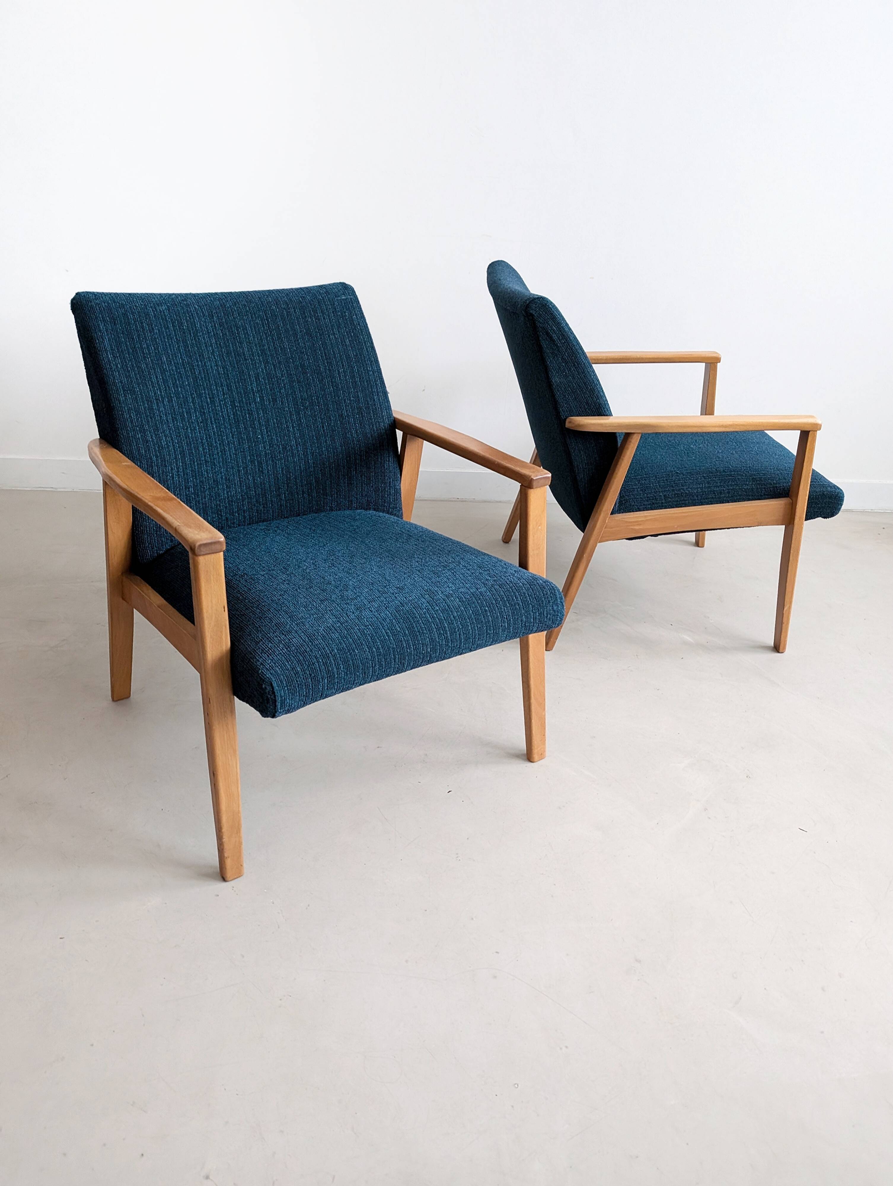 2 blue fabric armchairs, 1970s