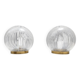 Paire de lampes de table sphériques vintage en verre de Murano et laiton par Venini, Italie