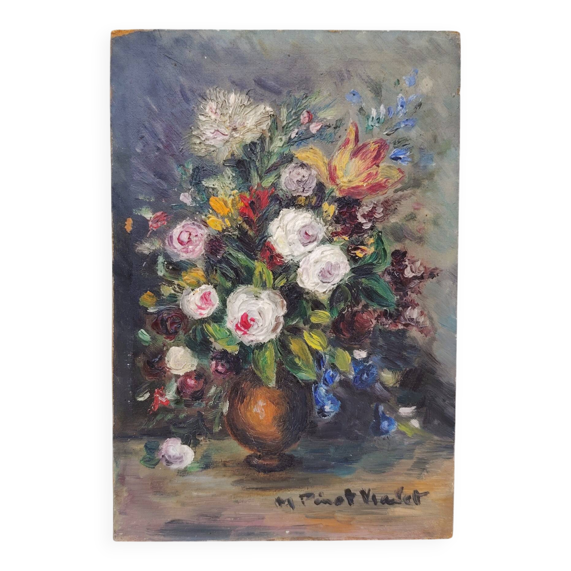 Huile sur panneau, bouquet de fleurs, Pinot Vialet
