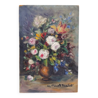Oil on panel, bouquet of flowers, Pinot Vialet