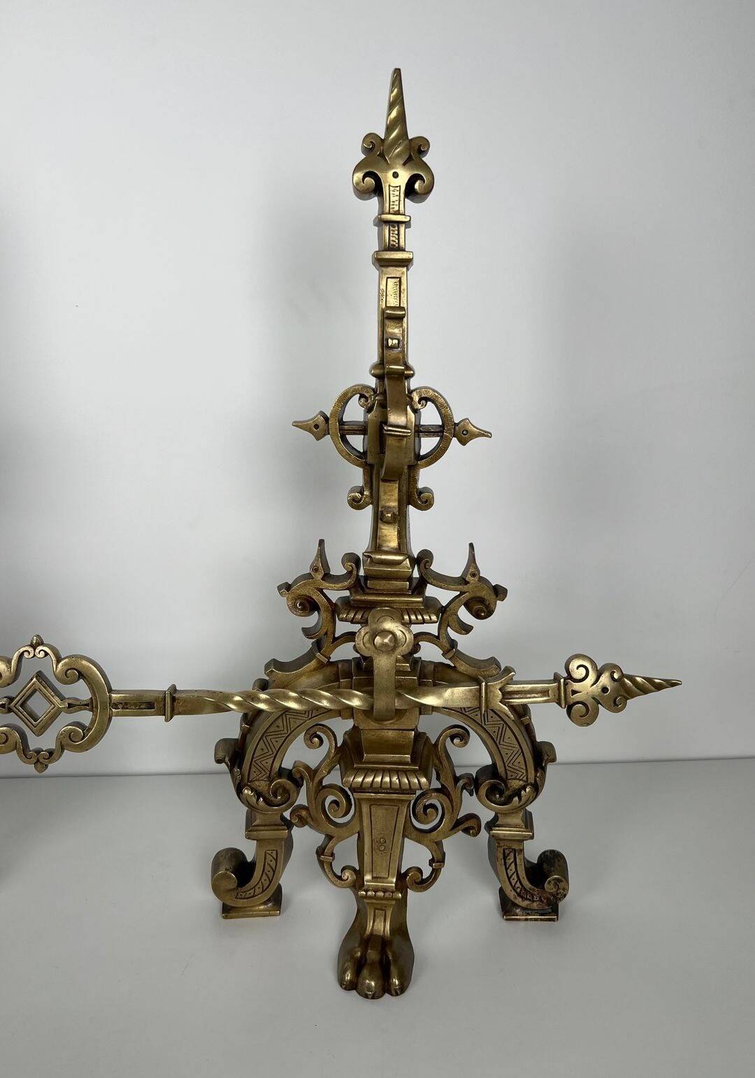 Important Renaissance Style Bronze Fireplace Set with Bar