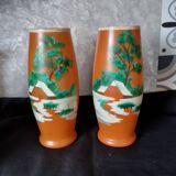 Ancien : paires de vase en verre pâte de verre orange peint
