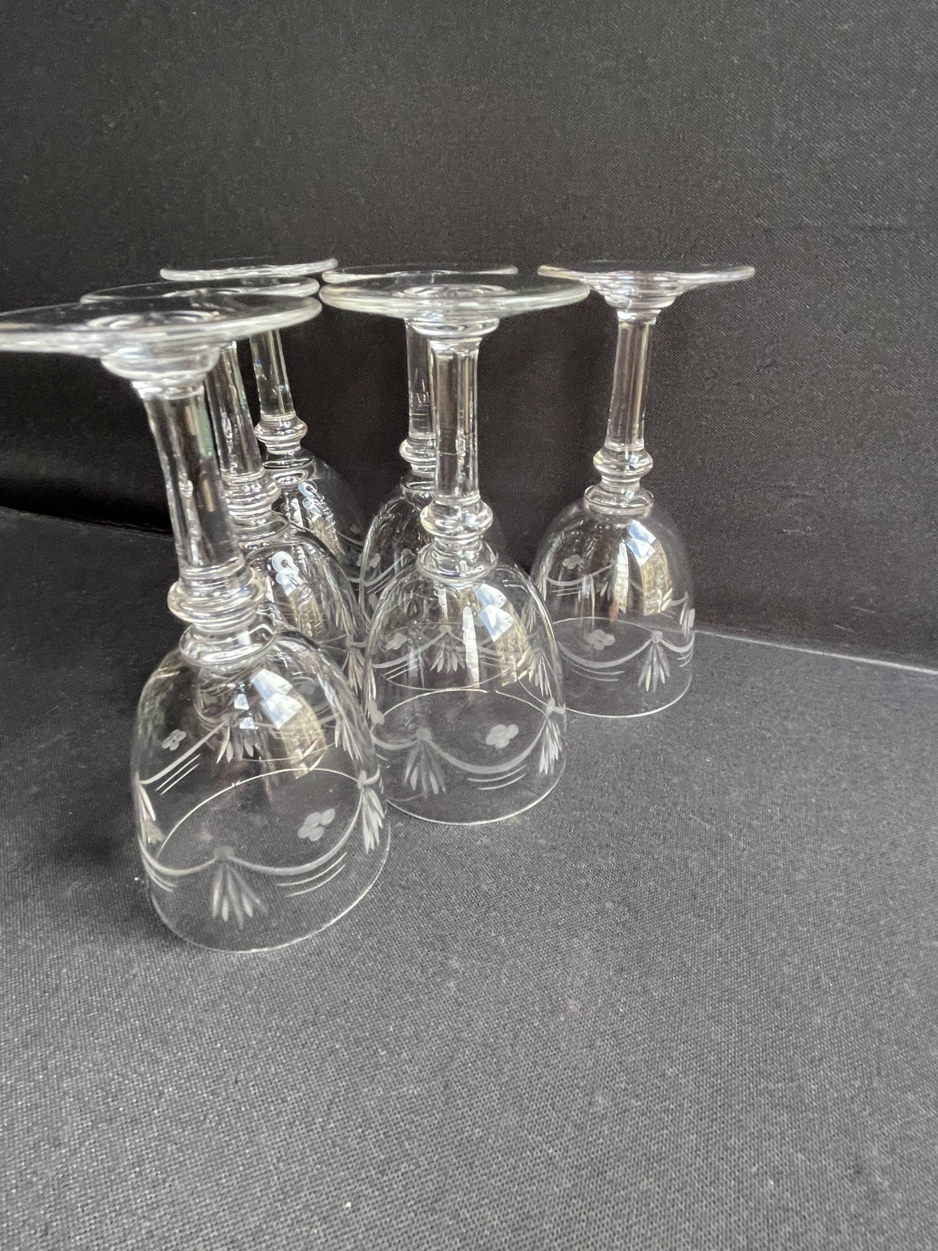 6 White wine or port glasses in blown, cut and engraved crystal