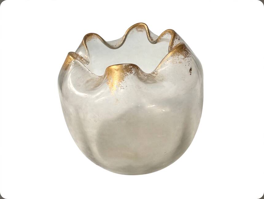 Frosted blown glass round vase with wavy neck, circa 1890-1910.