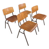 Set of 4 wooden school chairs from the 70s, Netherlands