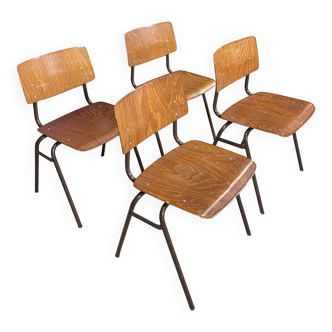 Set of 4 wooden school chairs from the 70s, Netherlands
