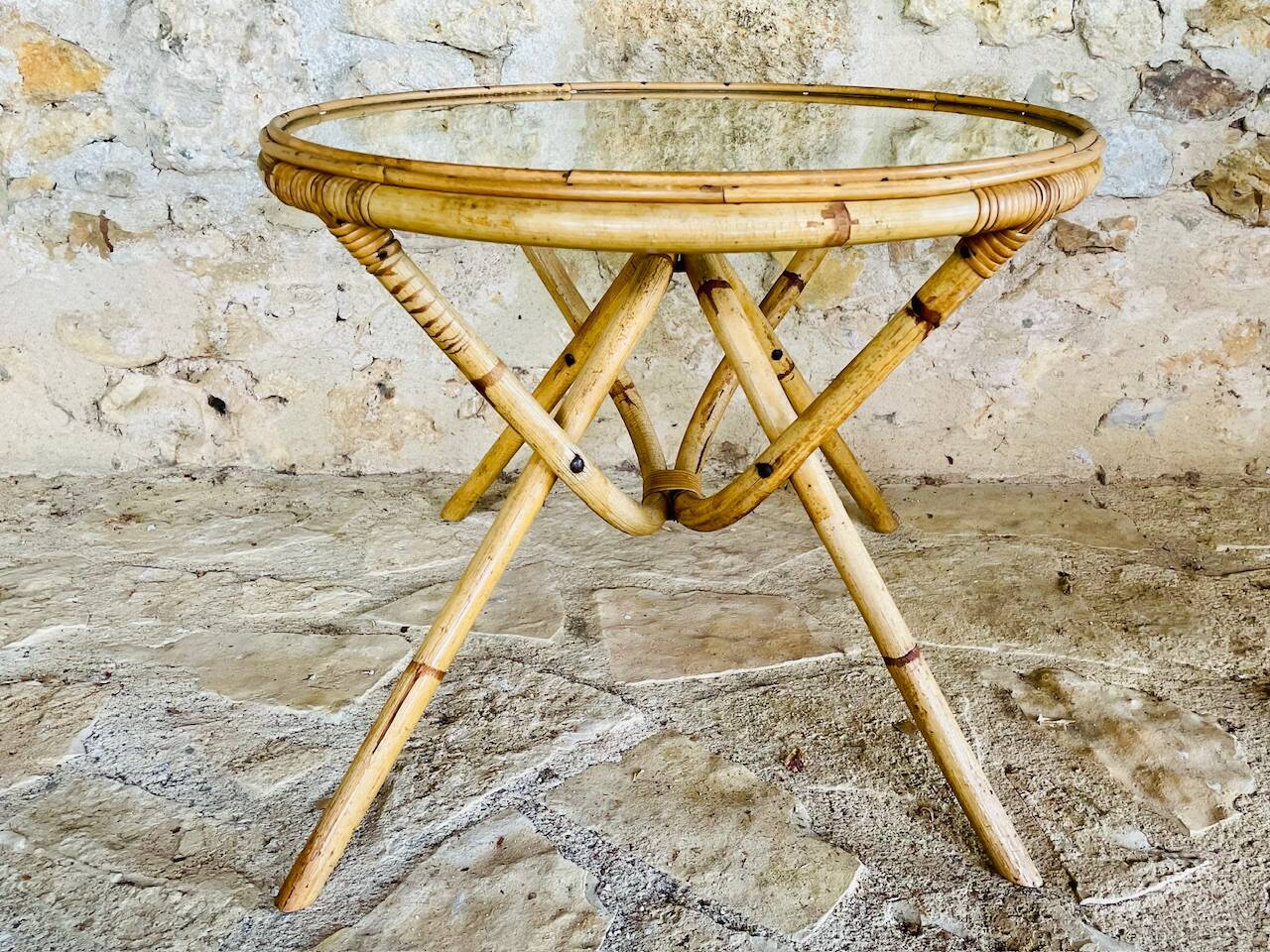 Round bamboo and rattan coffee table with glass top, circa 1960s