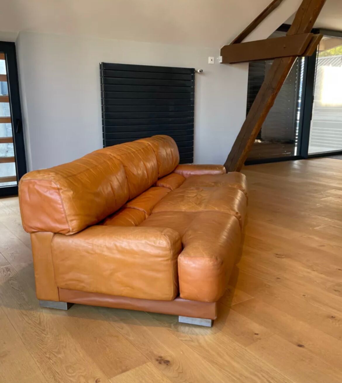 Vintage 3-seater sofa Gérard Guermonprez fawn and stainless steel leather, France 1970