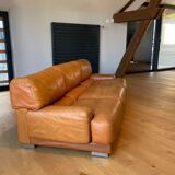 Vintage 3-seater sofa Gérard Guermonprez fawn and stainless steel leather, France 1970