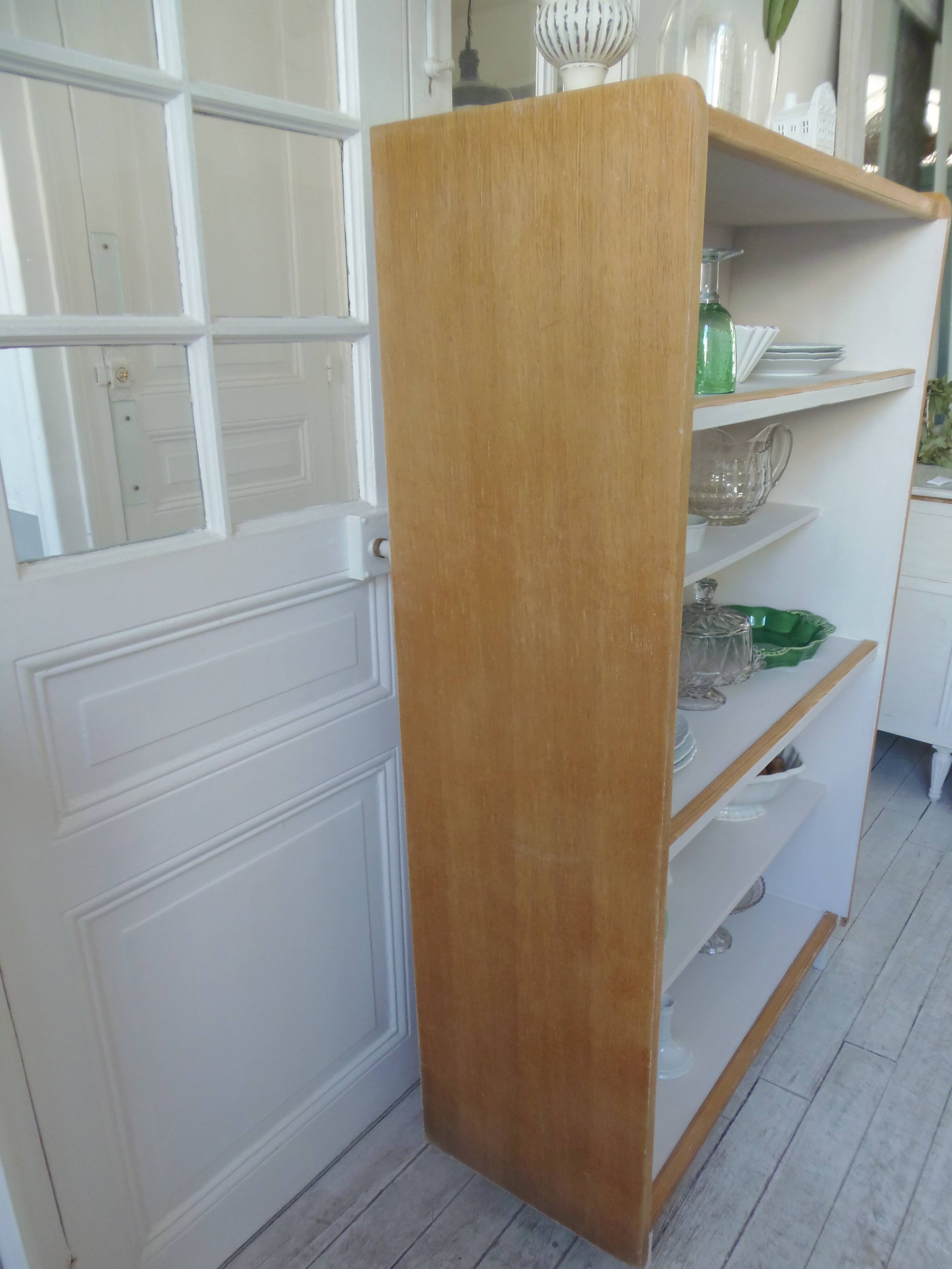 Vintage bookshelf in oak veneer, pearl grey interior, metal legs.