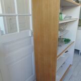 Vintage bookshelf in oak veneer, pearl grey interior, metal legs.