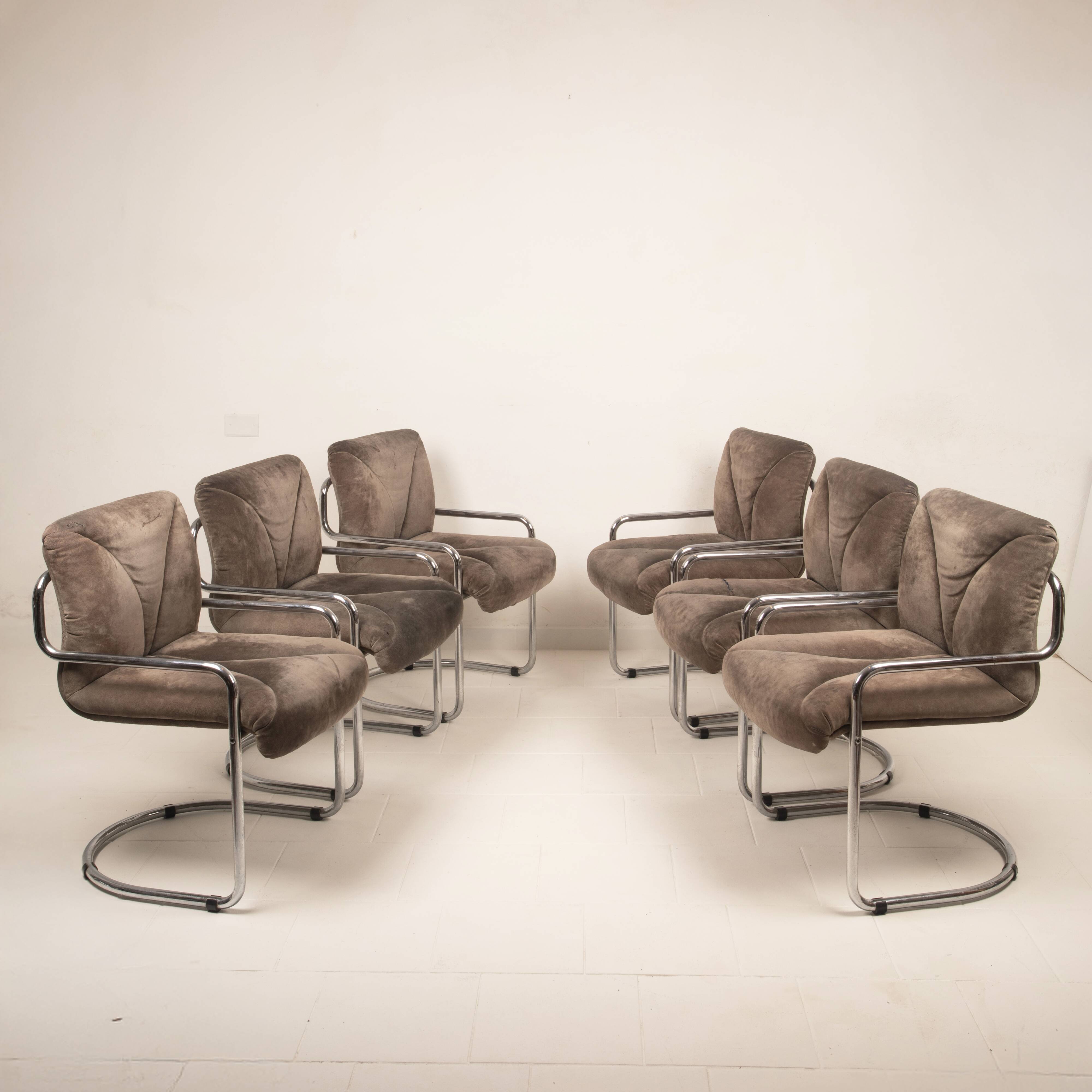 Guido Faleschini Italian Astro Chrome and Taupe Suede Armchairs for i4 Mariani