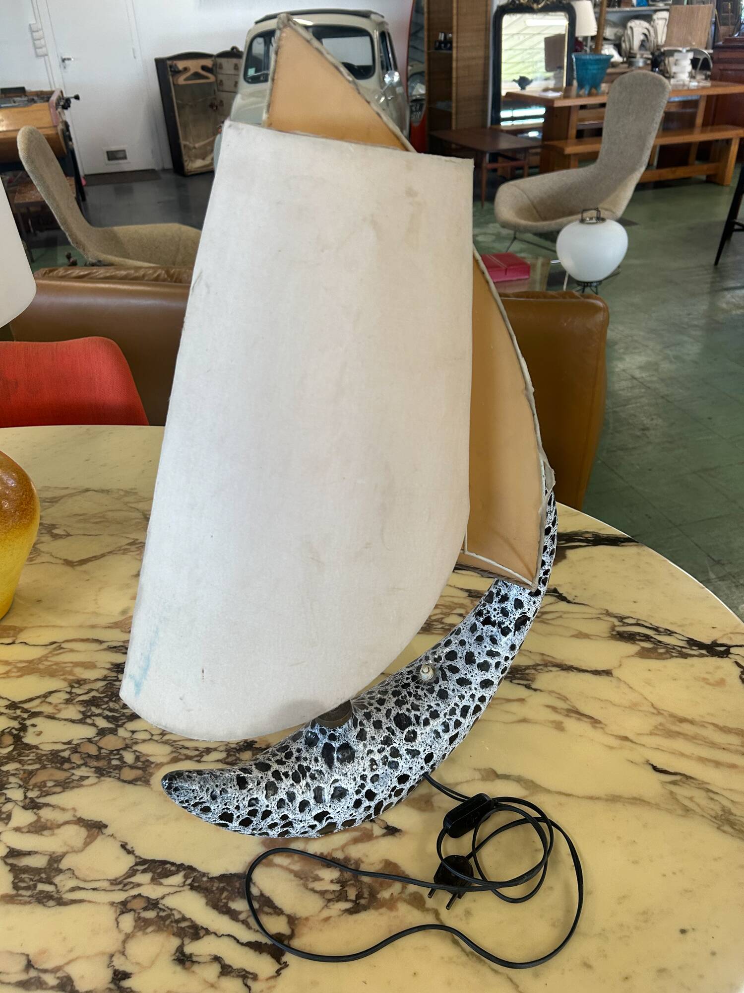 Ceramic table lamp in the shape of a boat from Vallauris.