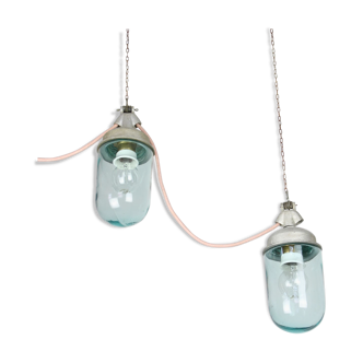 Pair of blue glass and grey metal pendant lamps