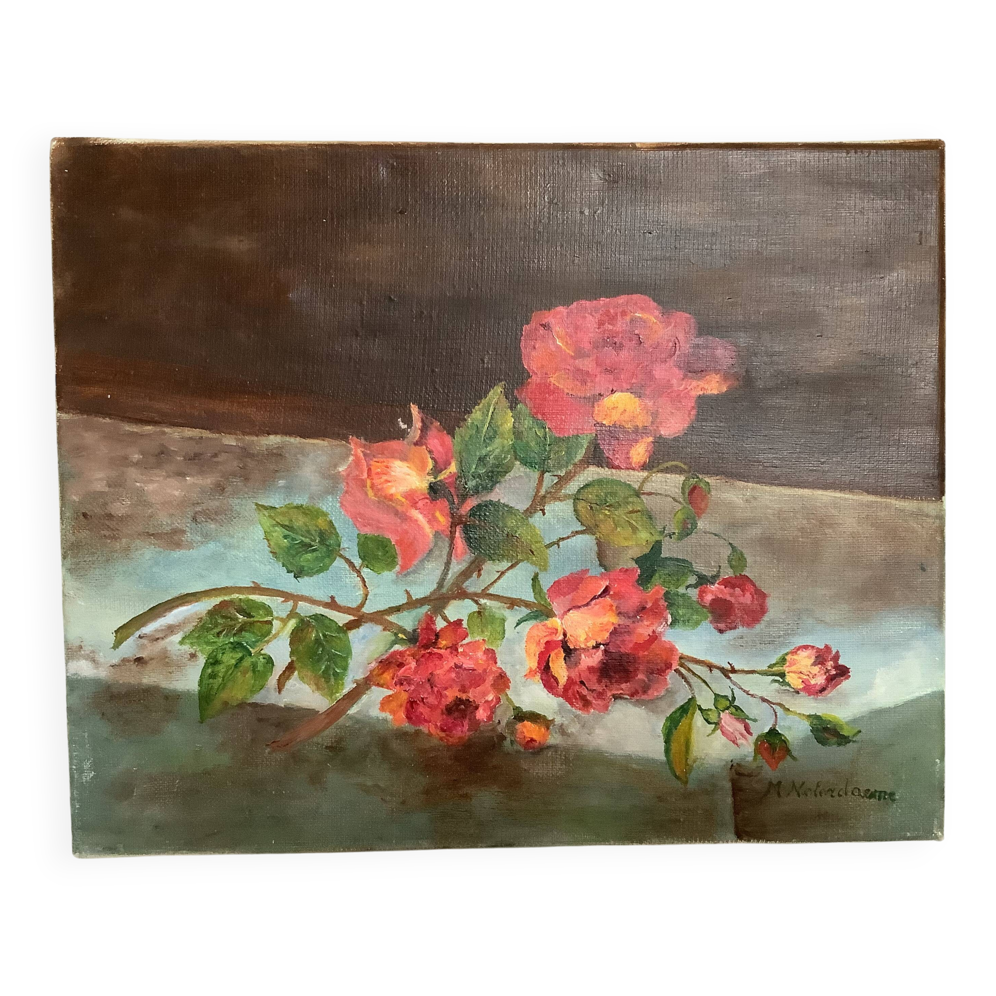 Tableau fleurs huile sur toile signée